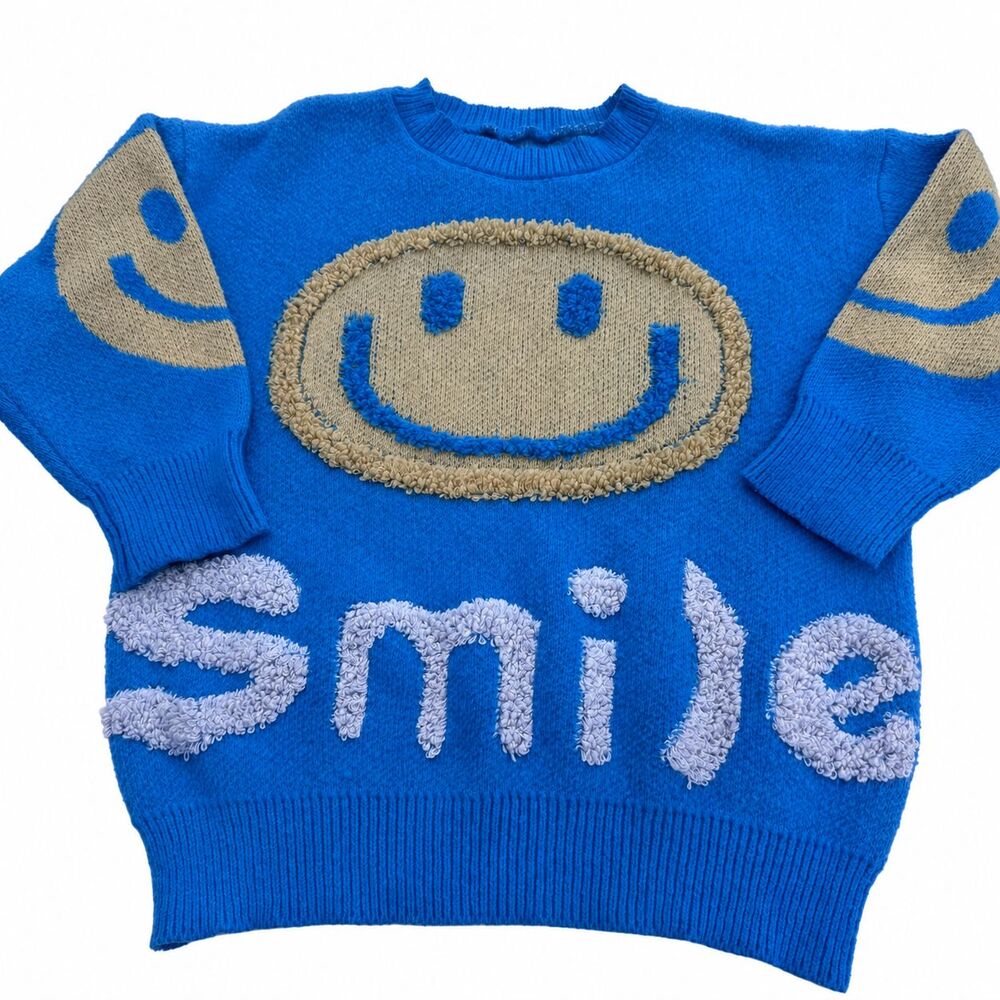 Blue Smiley Face Knit Sweater Boxy Fit Textured Smile Graphic Crewneck Pullover